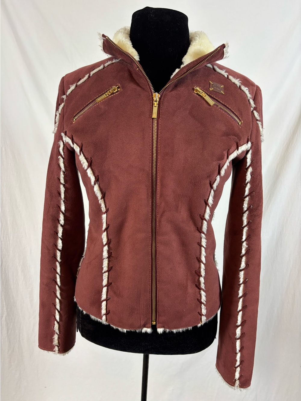 Ecko Red Y2K Burgundy Suede Sherpa Lined Moto Jacket Whipstitch Gold Zip M Boho